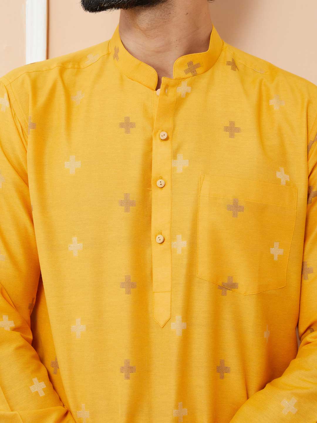 Mustard Cotton Handloom motifs Straight Kurta with Pyjama