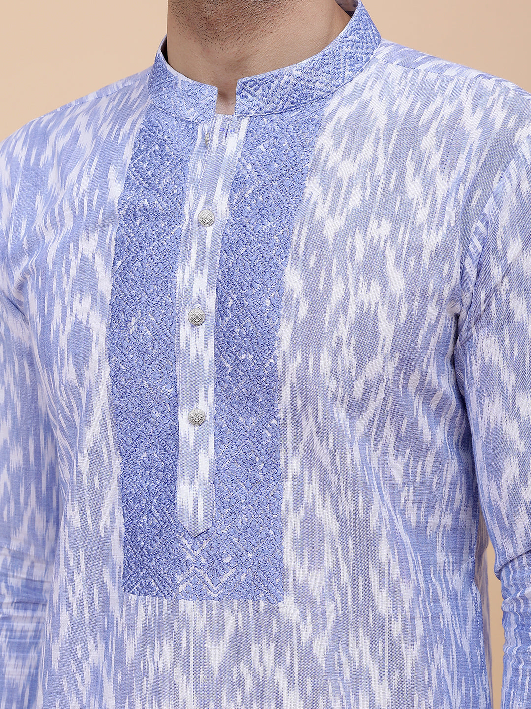 Printed Ikat Pure Cotton Straight Kurta with Embroidered Neck Design and Pyjama