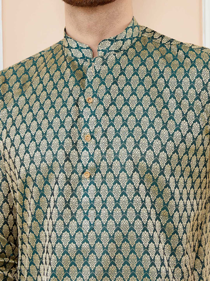 Green Ethnic Motifs Silk Jacquard Woven Design Straight Kurta