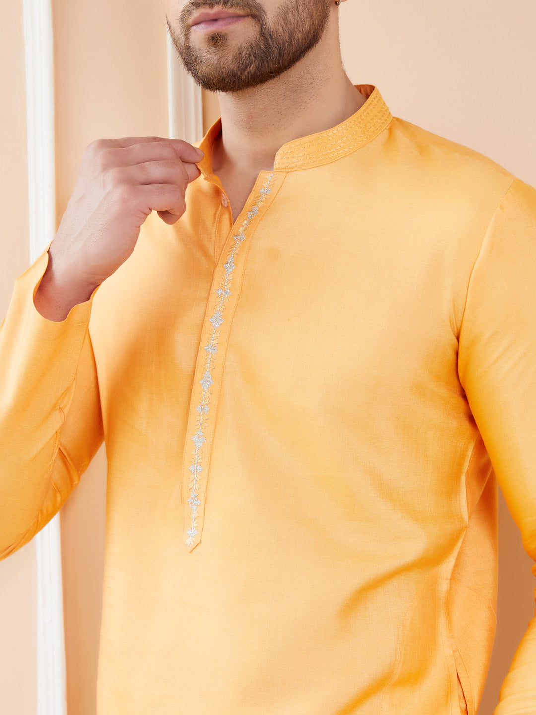 Peach Orange Chanderi Silk Straight Kurta with Embroidered Neckline