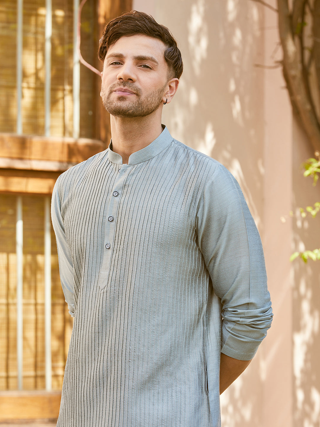 Pintuck Cotton Silk Straight Kurta with Pyjama