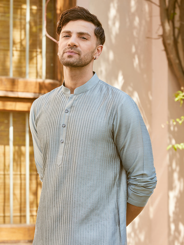 Pintuck Cotton Silk Straight Kurta with Pyjama