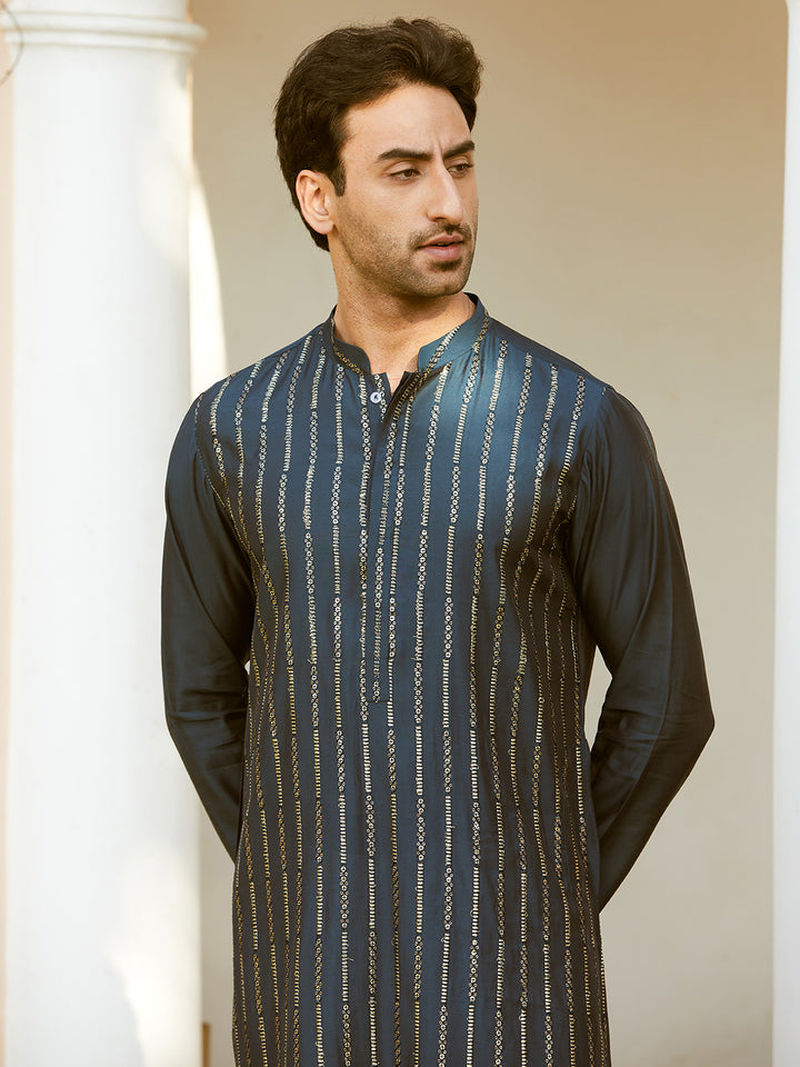 Sequins Embroidered Pure Chanderi Silk Straight Kurta with Pyjama