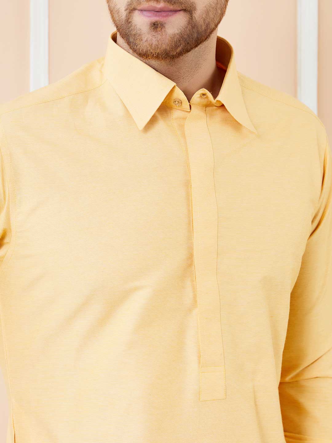 Yellow Cotton Solid Pathani Kurta with Pyjama