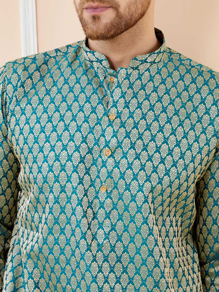 Blue Ethnic Motifs Silk Jacquard Woven Design Straight Kurta with Pyjama