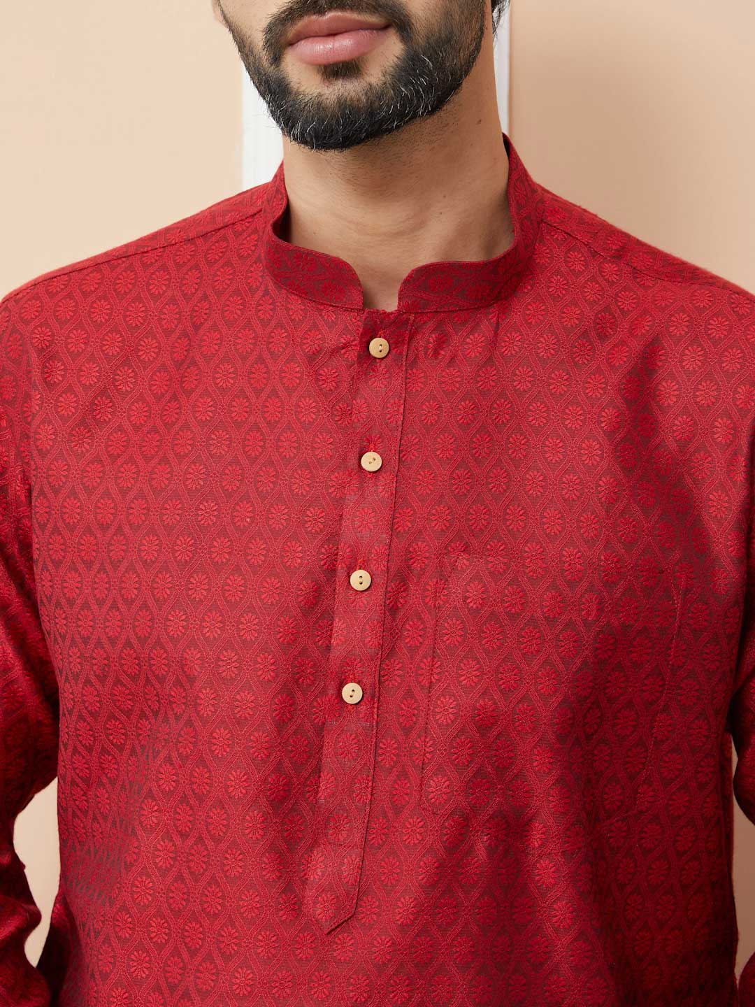 Red Ethnic Motifs Silk Jacquard Woven Design Straight Kurta with Pyjama