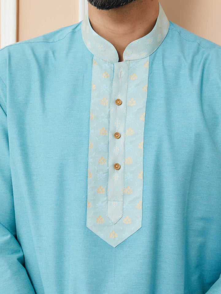 Blue Solid Cotton Straight Kurta with Pyjama with Jacquard neckline