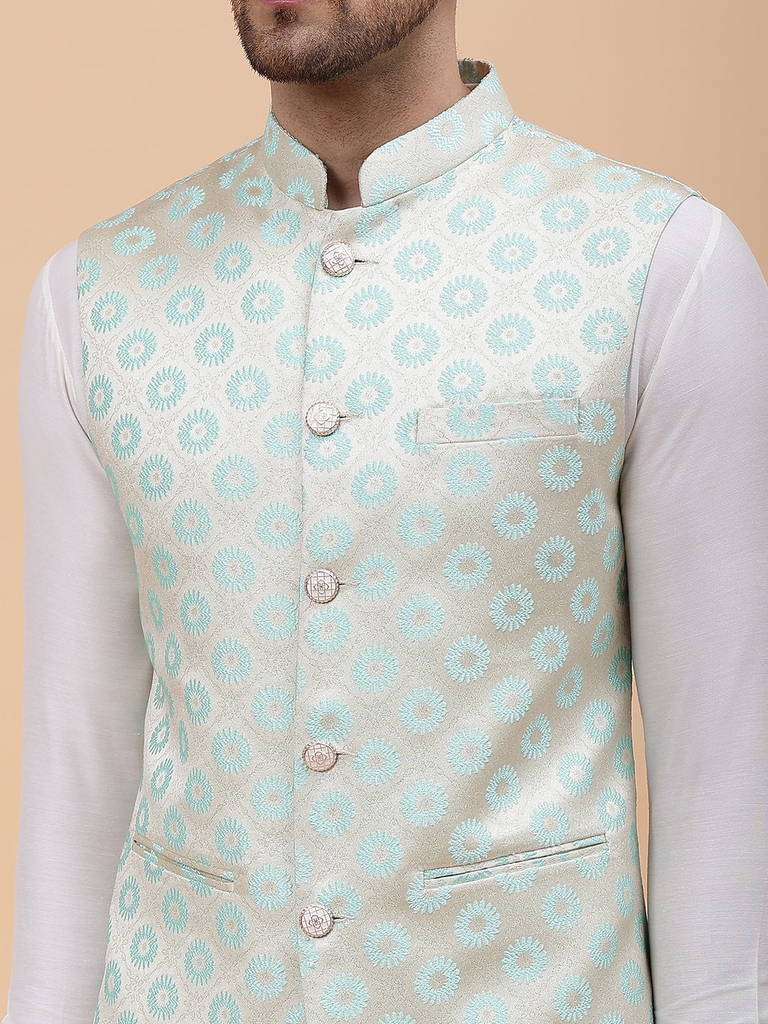 Pure Silk Kurta & Pyjama with Woven Jacquard Nehru Jacket