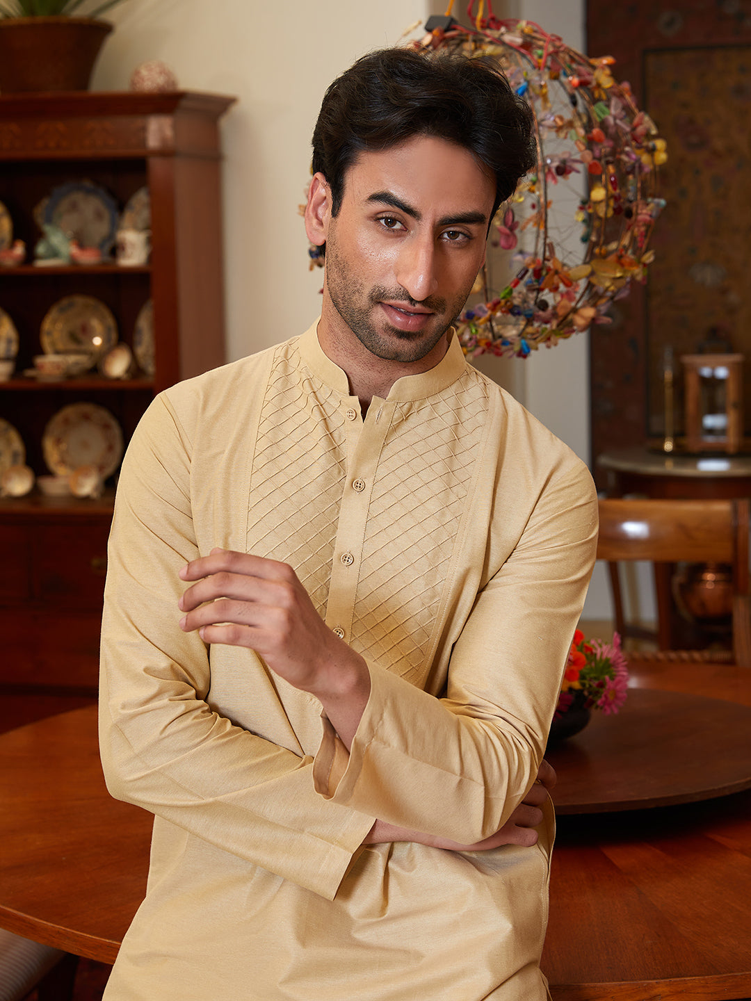 Pintuck Yoke Cotton Silk Straight Kurta with Pyjama