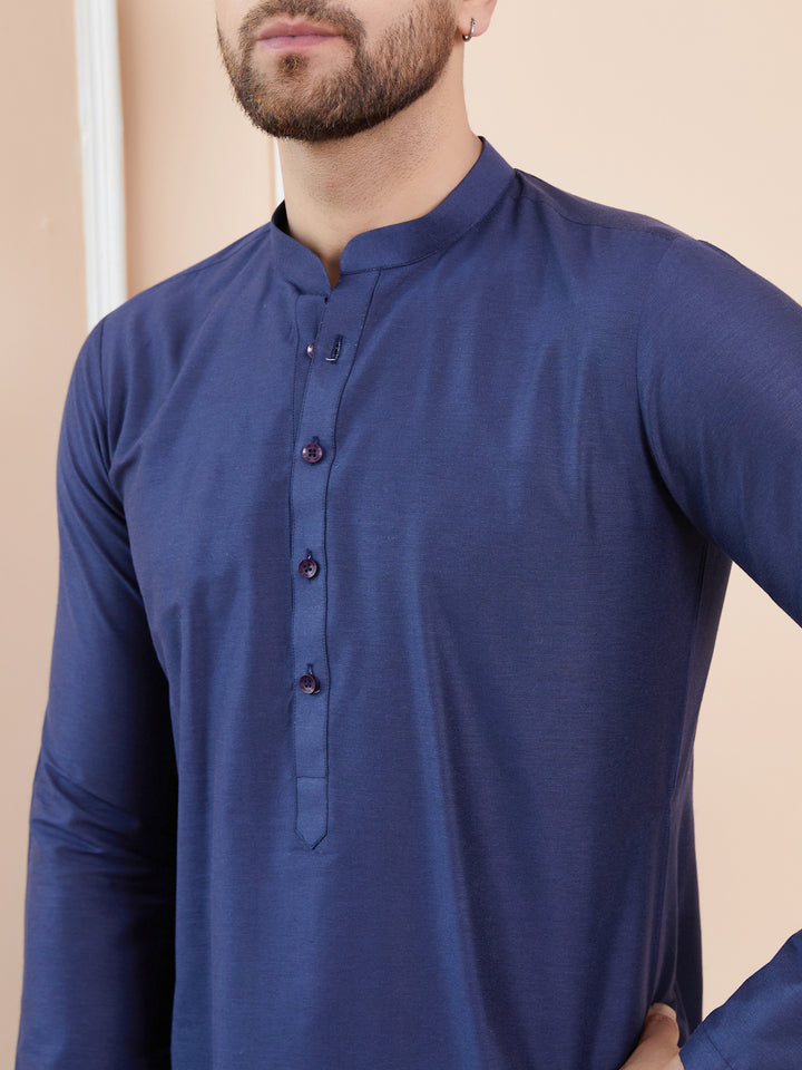 Blue Cotton Solid Straight Kurta with Pyjama