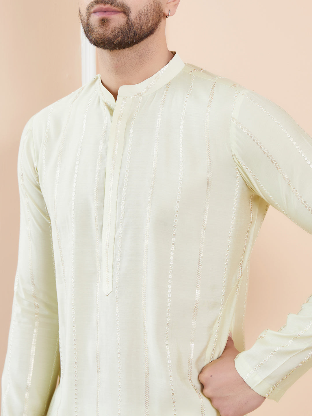 Men Cream and Gold Sequins Embroidered Chanderi Silk Straight Kurta