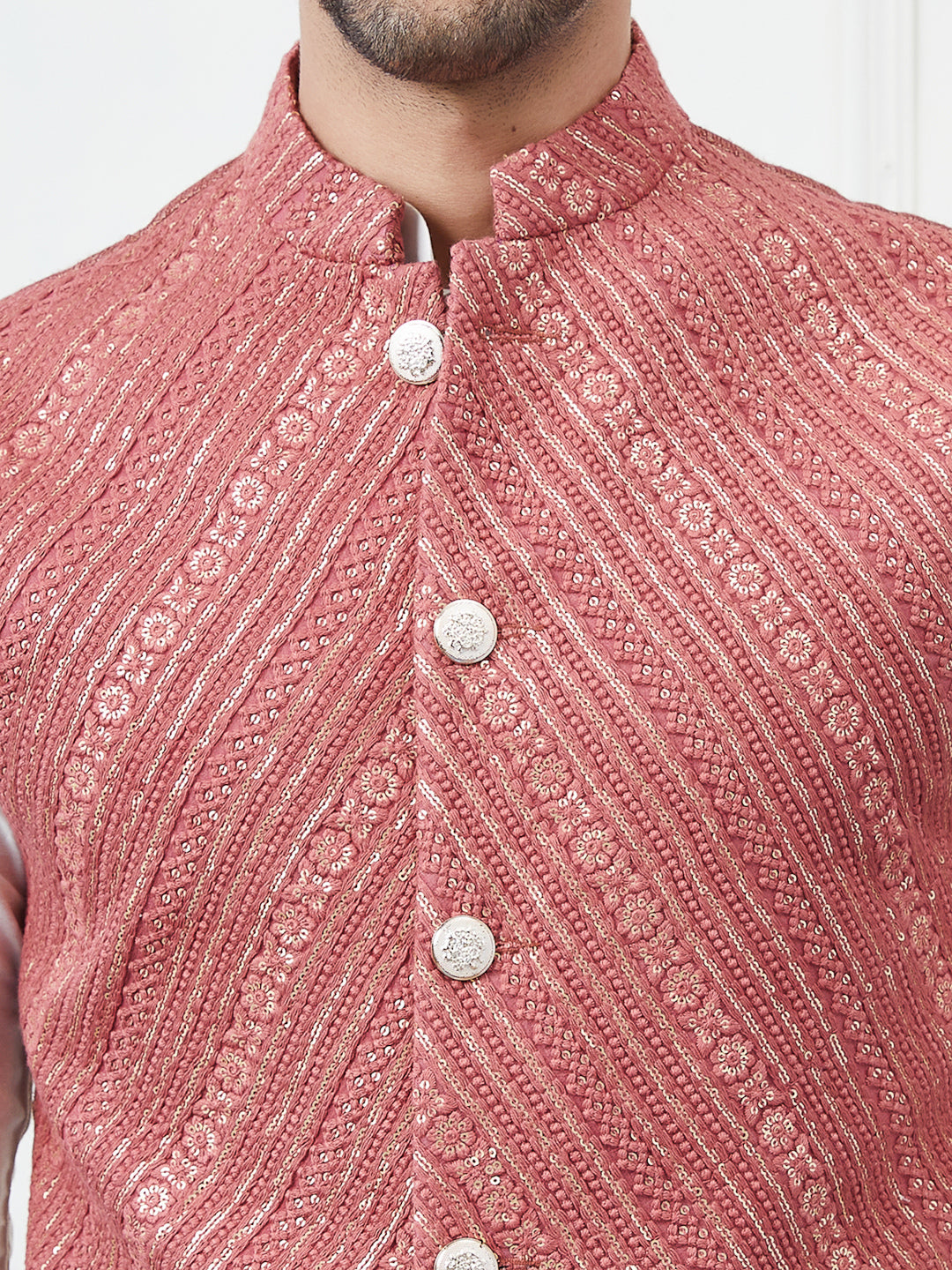 Pure Cotton Straight Kurta & Pyjama with Sequins Embroidered Nehru Jacket