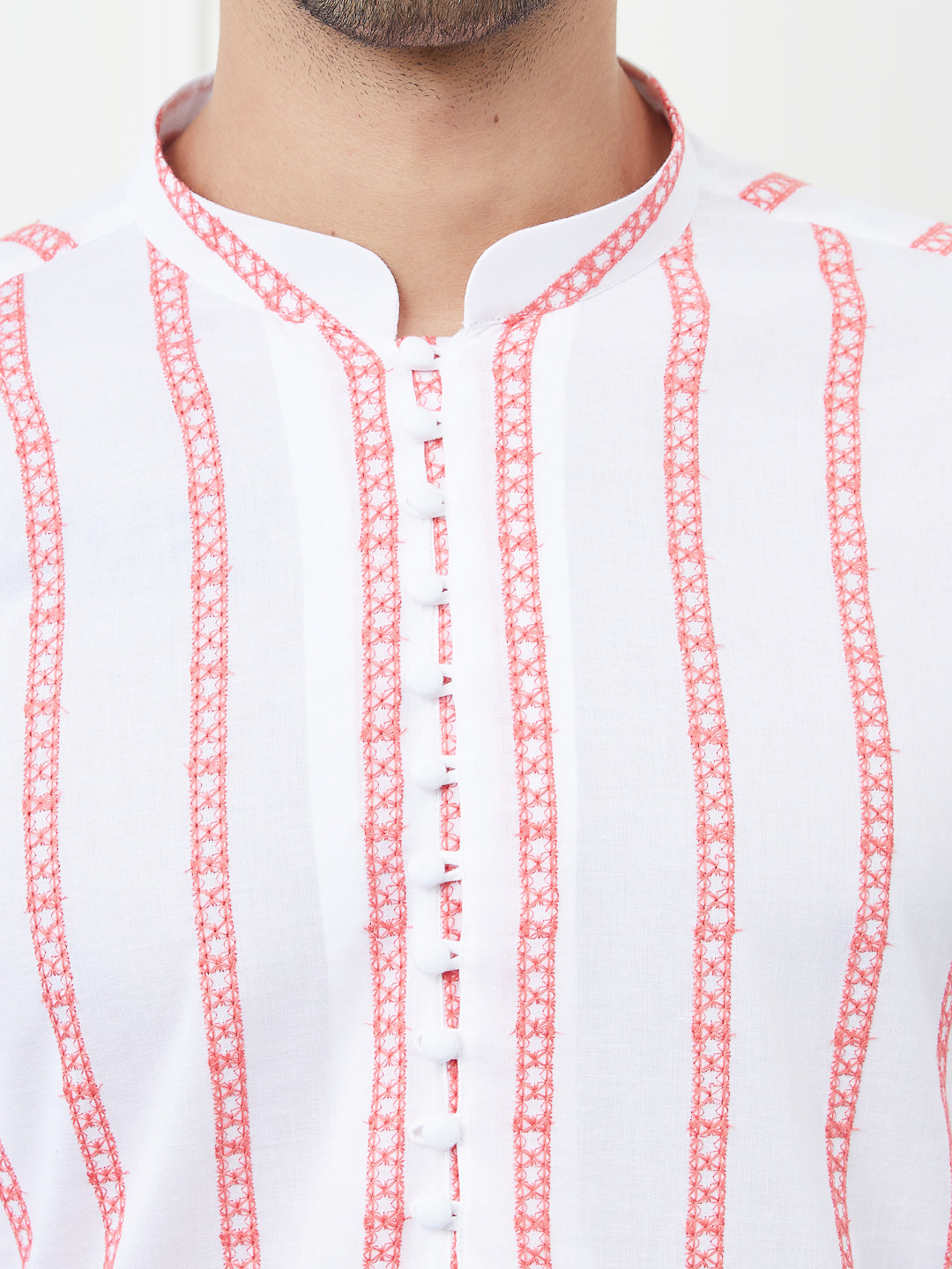 White and Pink Embroidered Cotton Straight Kurta with Pyjama