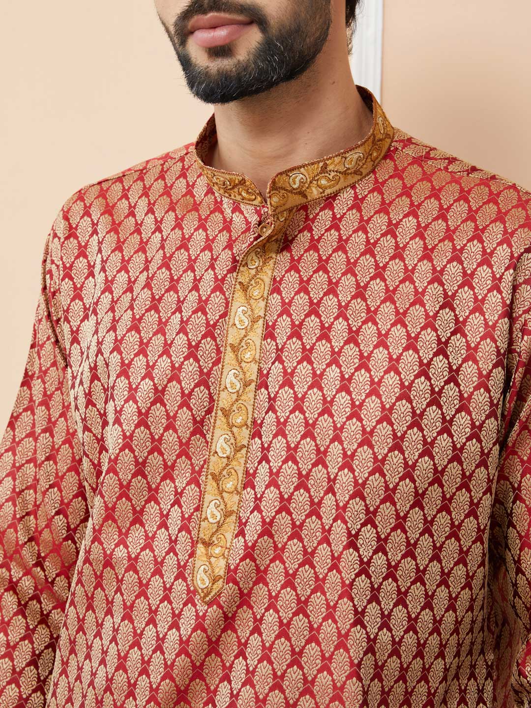 Red-Beige Ethnic Motifs Silk Jacquard Woven Design Straight Kurta with Embroidered Neckline