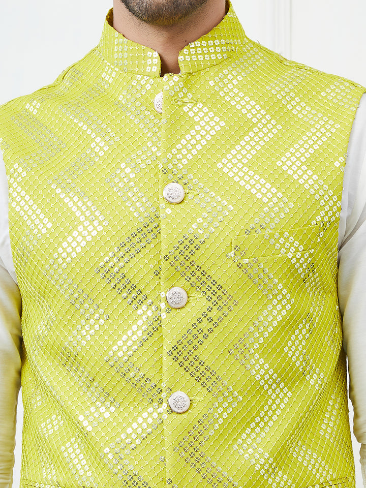 Pure Cotton Straight Kurta & Pyjama with Sequins Embroidered Nehru Jacket