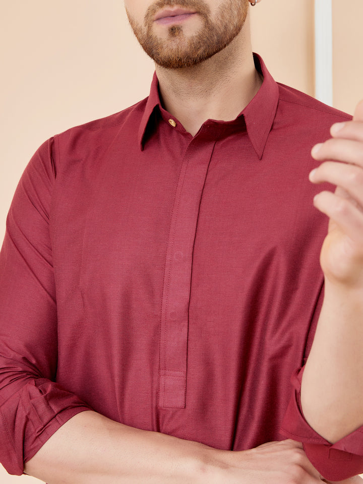 Red Cotton Solid Pathani Kurta with Pyjama