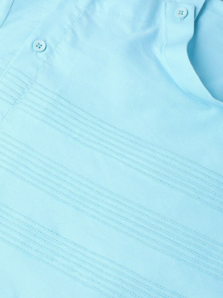 Turquoise Blue Solid Straight Kurta With Yoke Thread Work