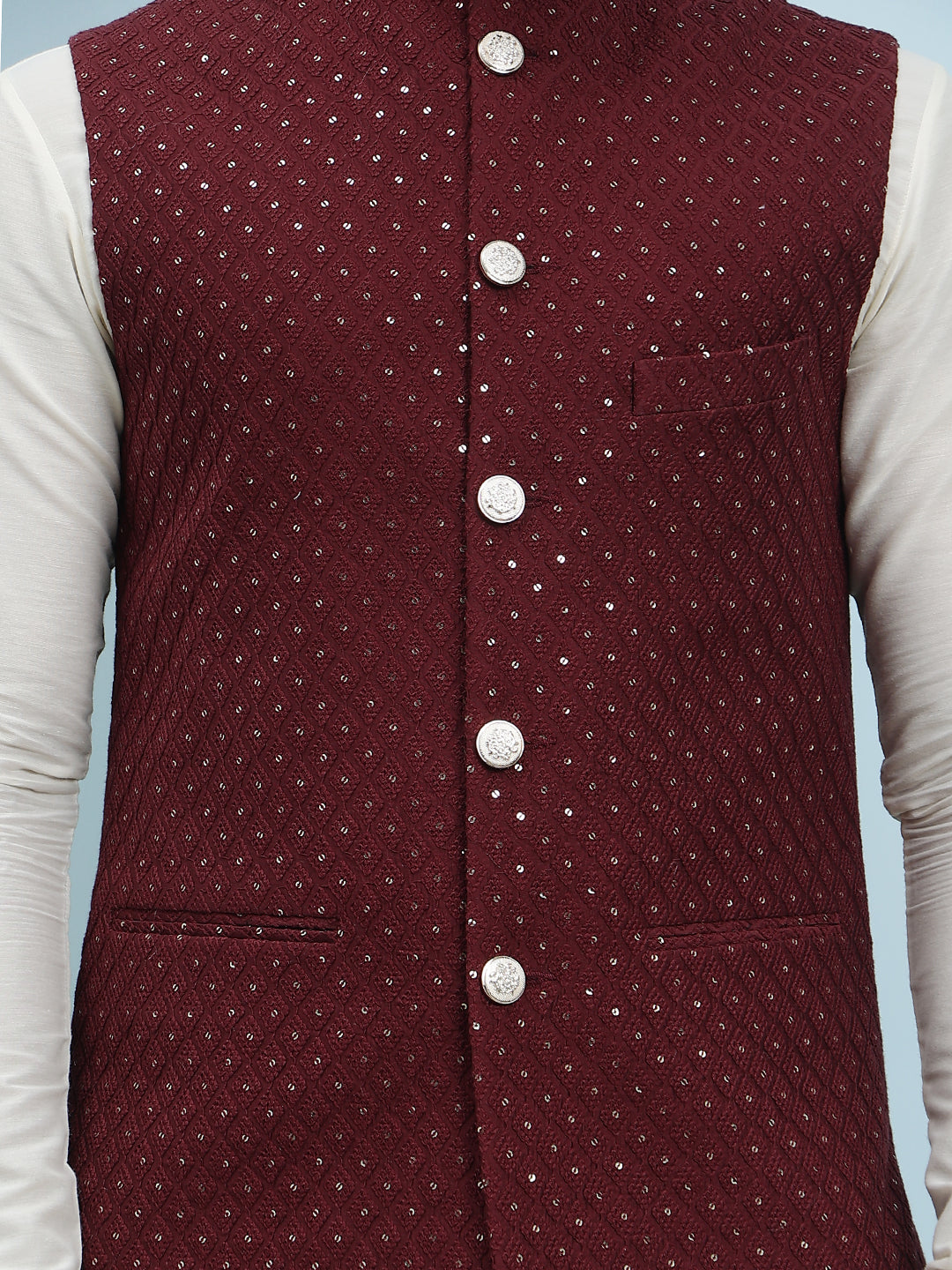 Pure Silk Kurta & Pyjama with Sequins Embroidered Nehru Jacket