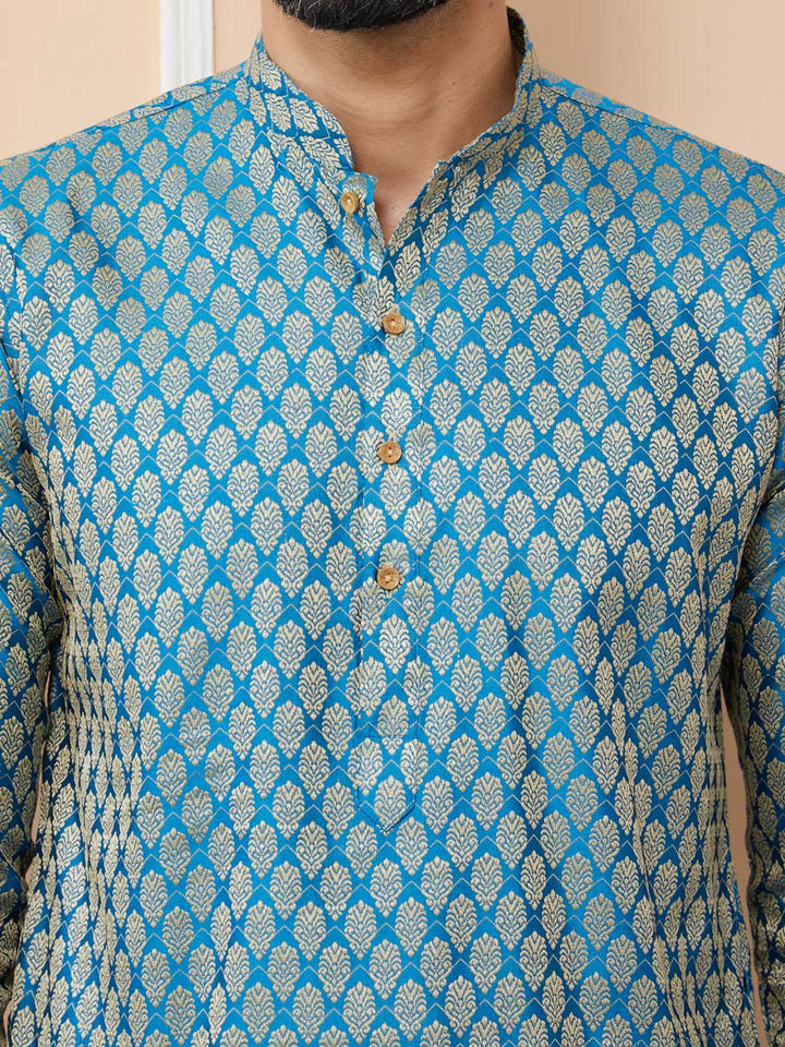 Blue-Beige Ethnic Motifs Silk Jacquard Woven Design Straight Kurta