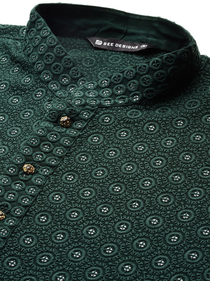 Men's Green Sequin Embroidered Rayon Kurta, Paired with Pyjama