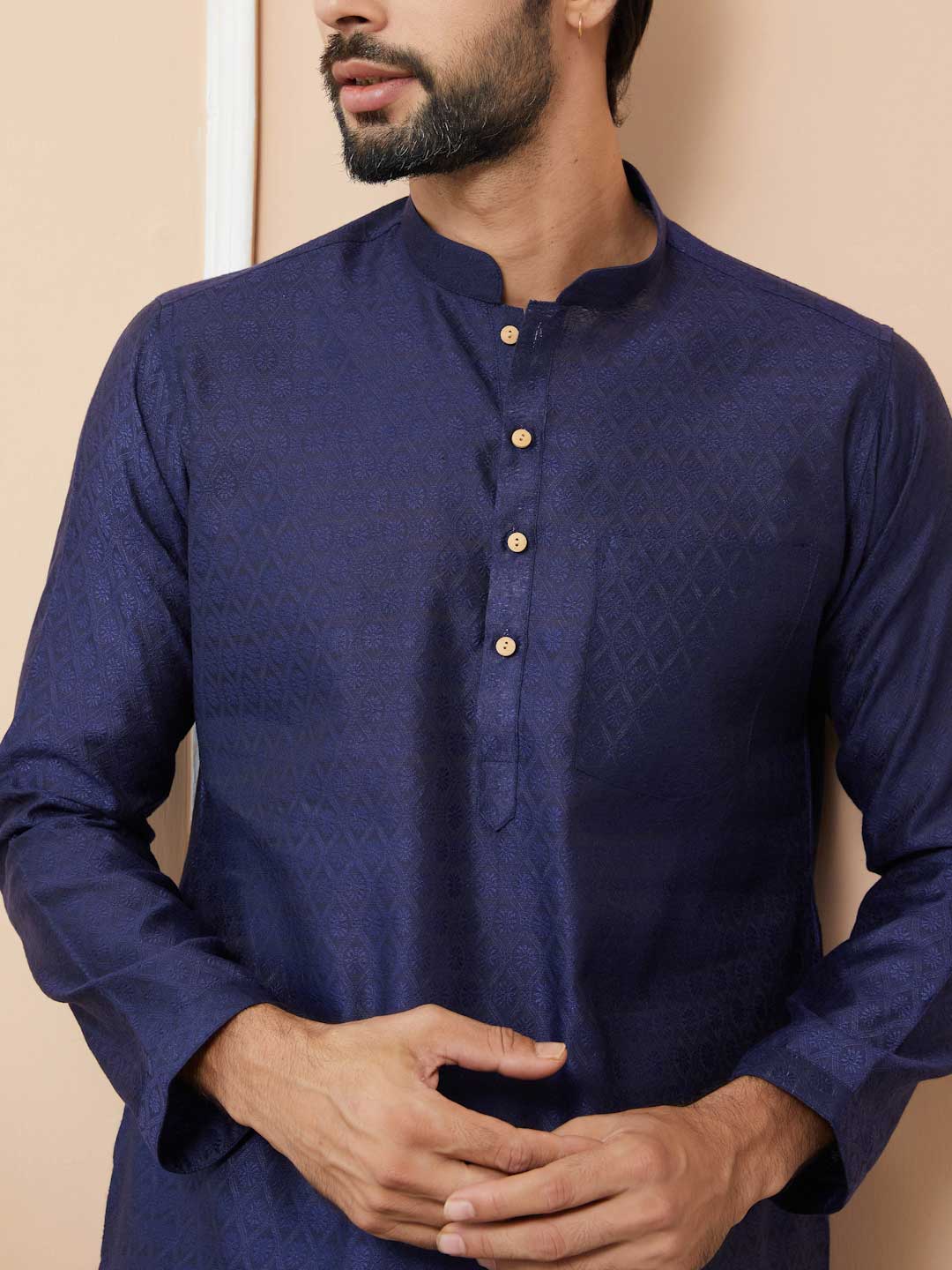 Indigo Ethnic Motifs Silk Jacquard Woven Design Straight Kurta with Pyjama