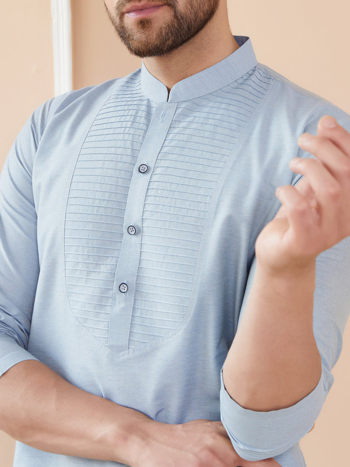 Blue Cotton Solid Straight Kurta with Pintuck Neckline and Pyjama