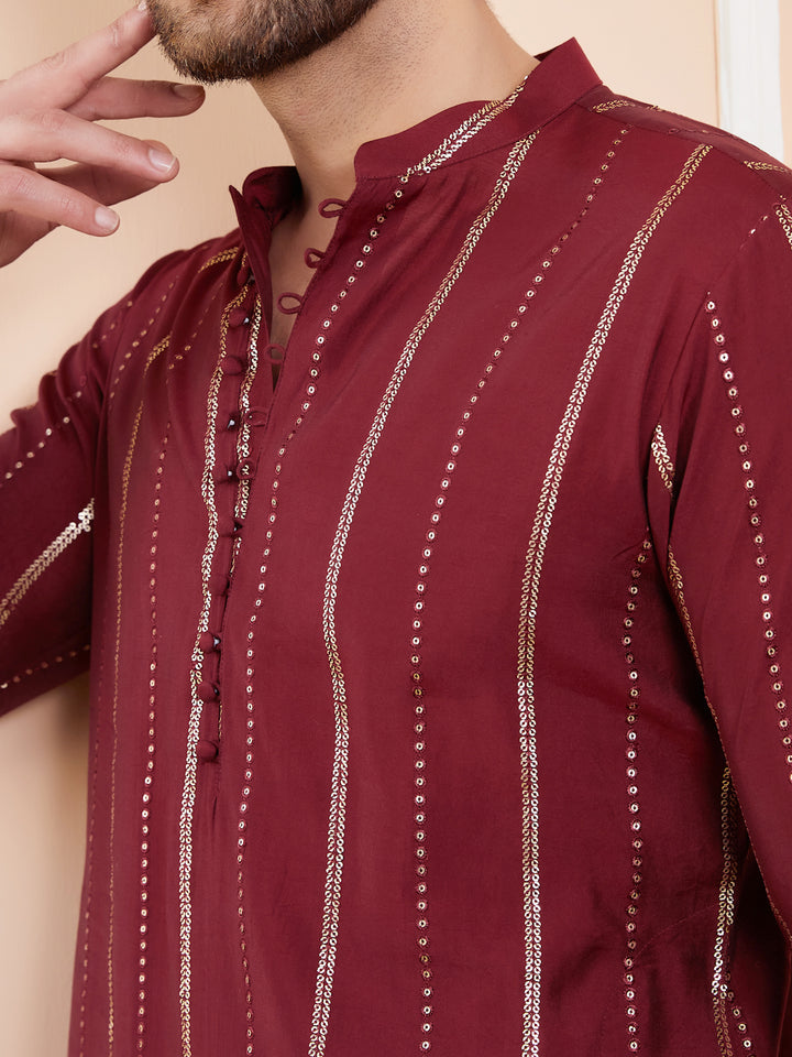 Men Maroon and Gold Sequins Embroidered Chanderi Silk Straight Kurta