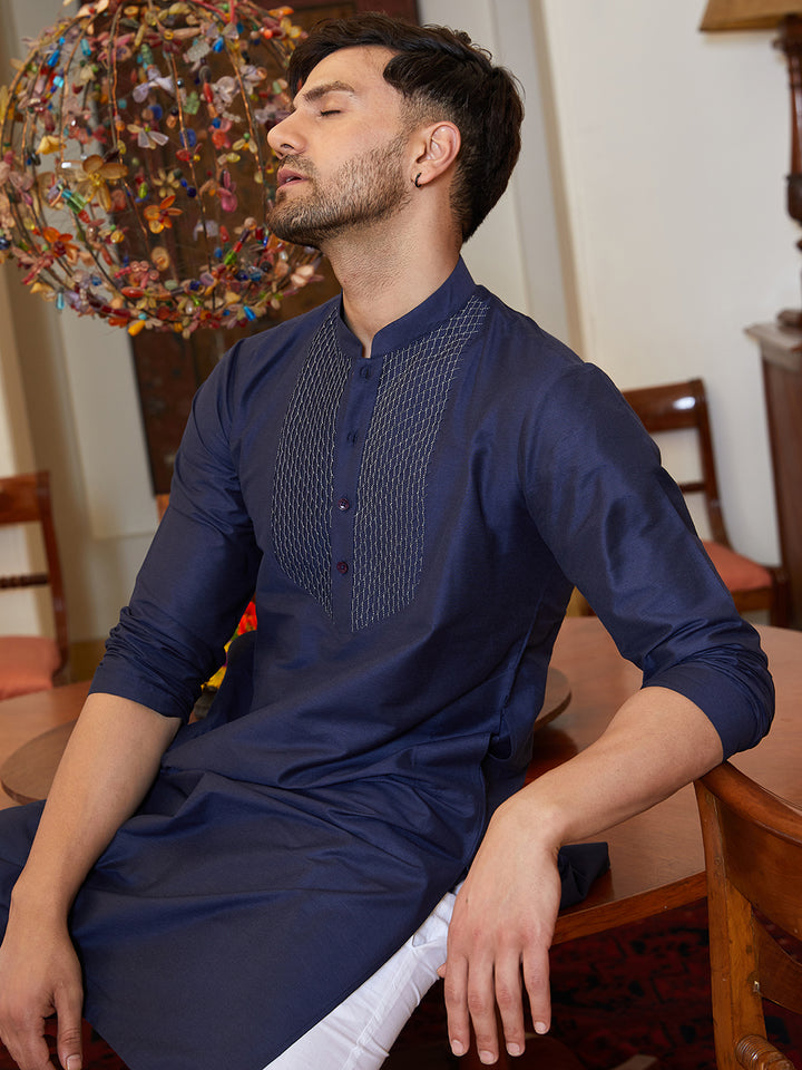 Pintuck Yoke Cotton Silk Straight Kurta with Pyjama