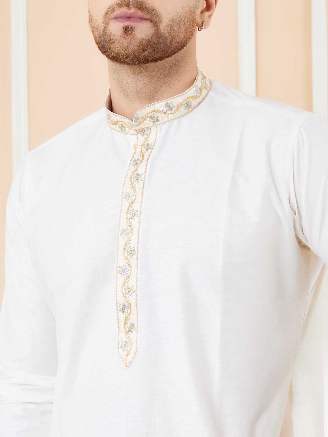 Cream Solid Cotton Straight Kurta with Emboridered neckline and with Pyjama