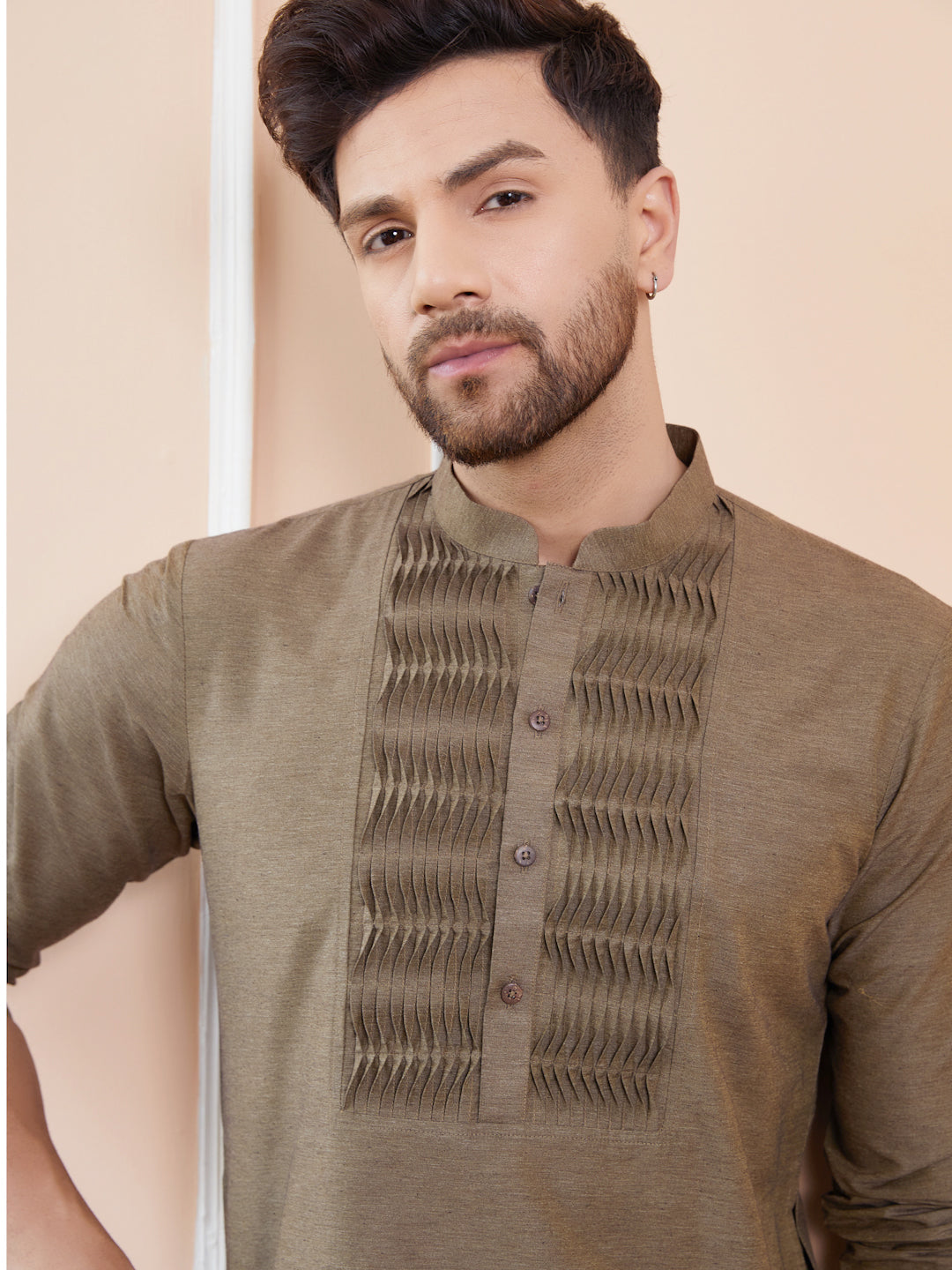 Dust Cotton Straight Kurta with Pintuck Yoke Neckline