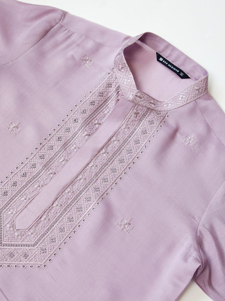 Lavender Embroidered Chanderi Silk Straight Kurta