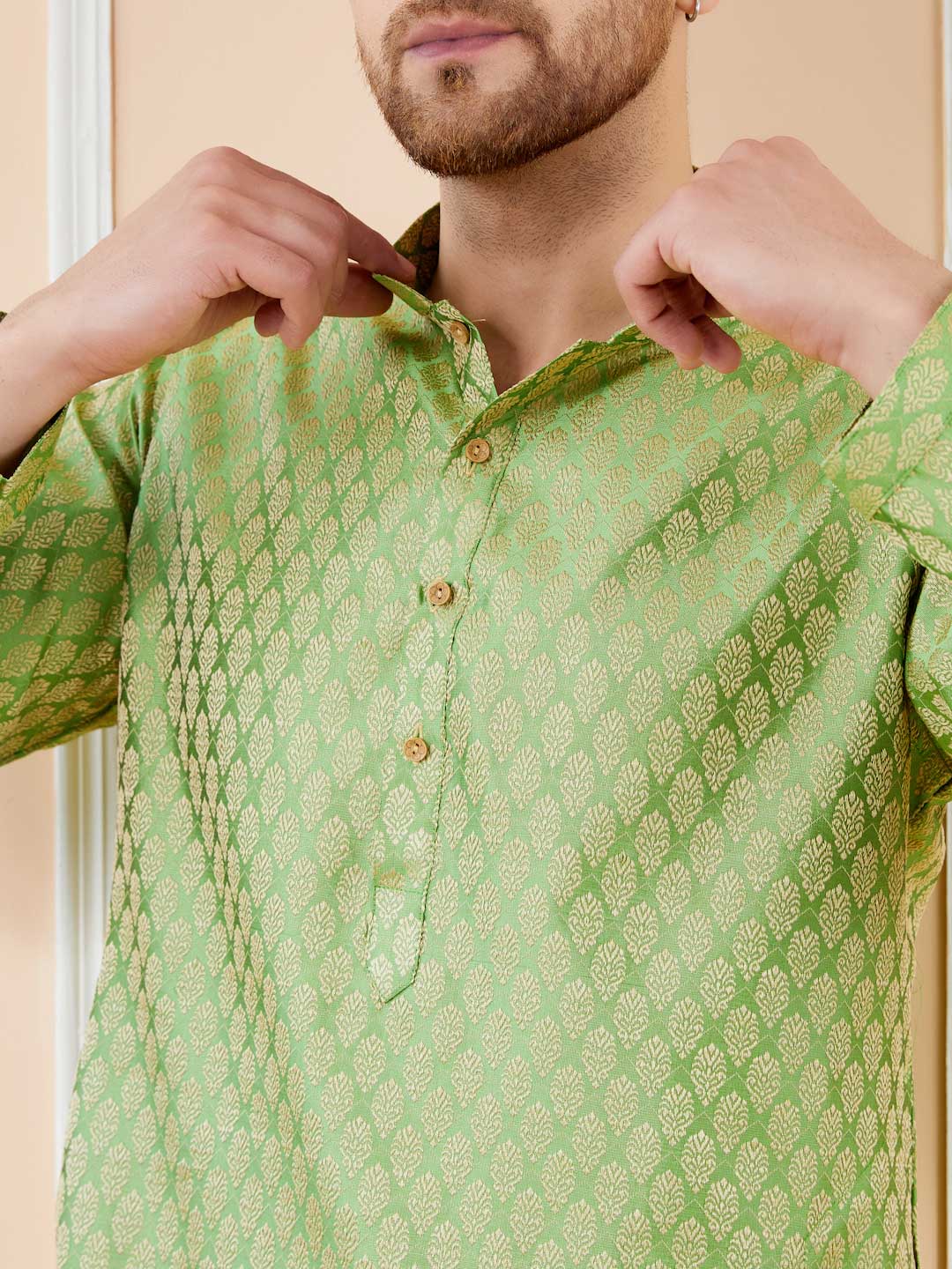 Green Ethnic Motifs Silk Jacquard Woven Design Straight Kurta