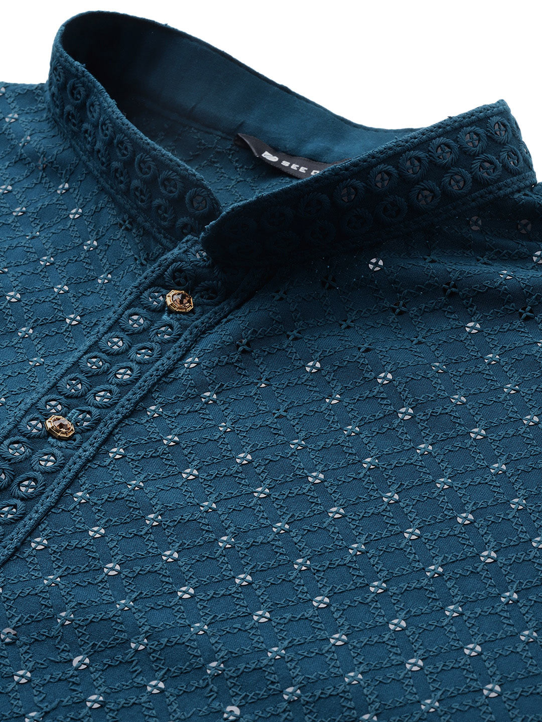 Men's Dark Blue Sequin Embroidered Rayon Kurta, Paired with Pyjama