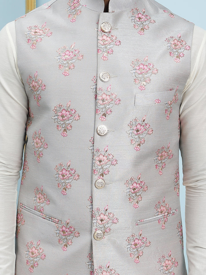 Pure Silk Kurta & Pyjama with Sequins Embroidered Nehru Jacket