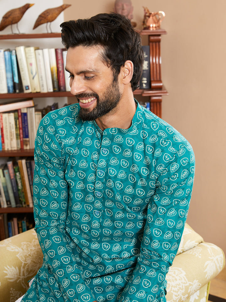 Leaf Printed Pure Cotton Straight Kurta with Pyjama