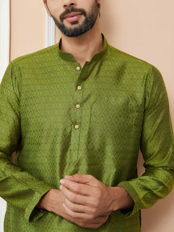 Green Ethnic Motifs Silk Jacquard Woven Design Straight Kurta with Pyjama