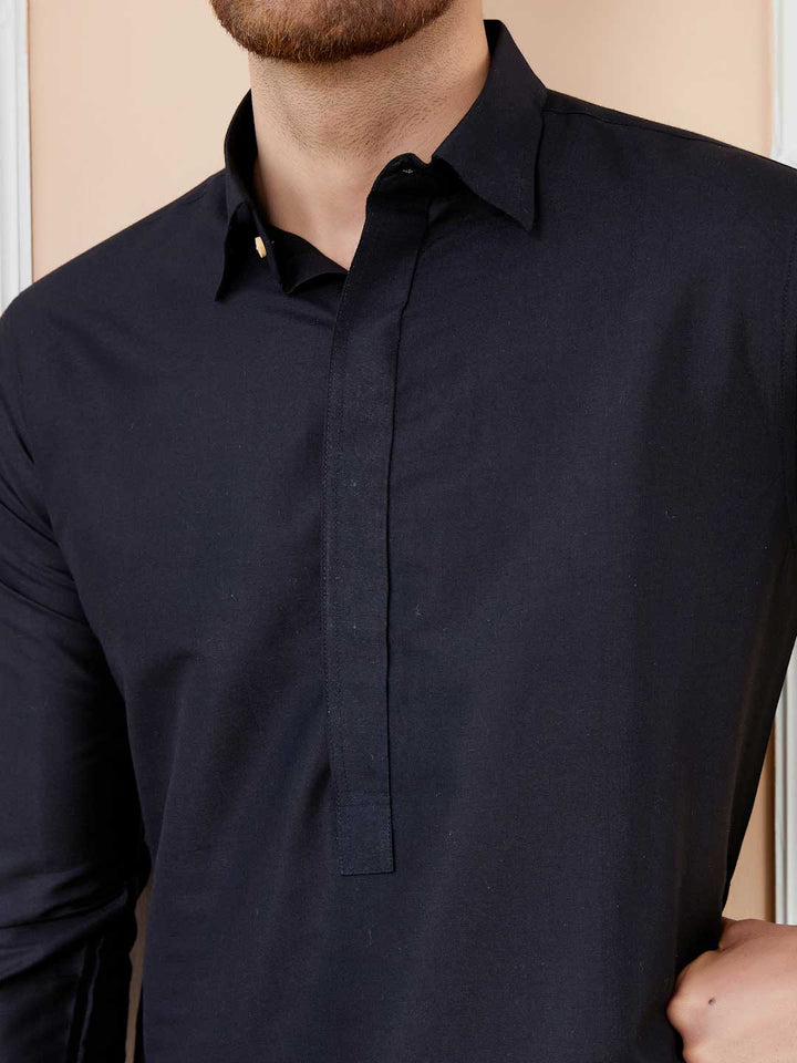 Black Cotton Solid Pathani Kurta with Pyjama