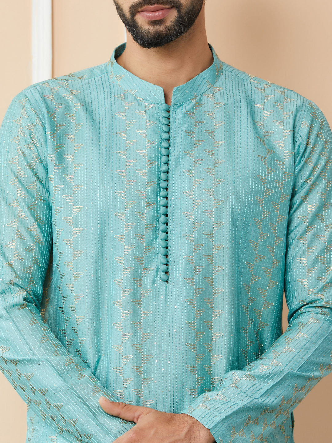 Ice Green Embroidered Thread Work Sequinned Chanderi Silk Straight Kurta with Pyjama