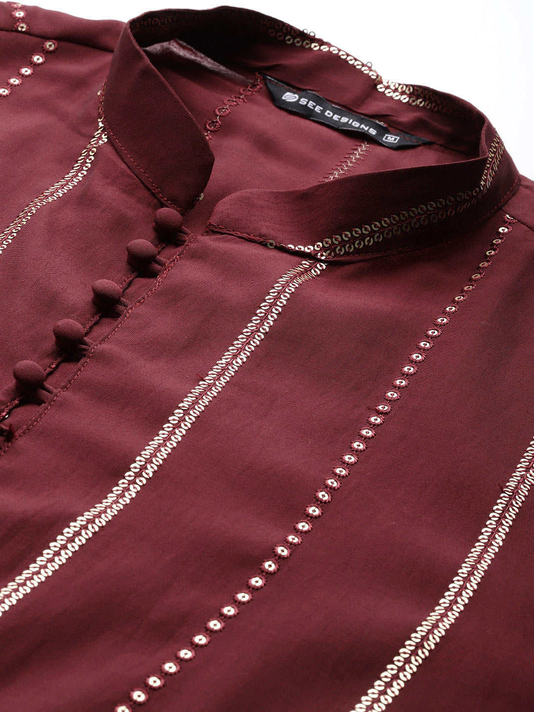 Men's Maroon Chanderi Silk Kurta with Sequin Embroidery, Paired with Pyjama