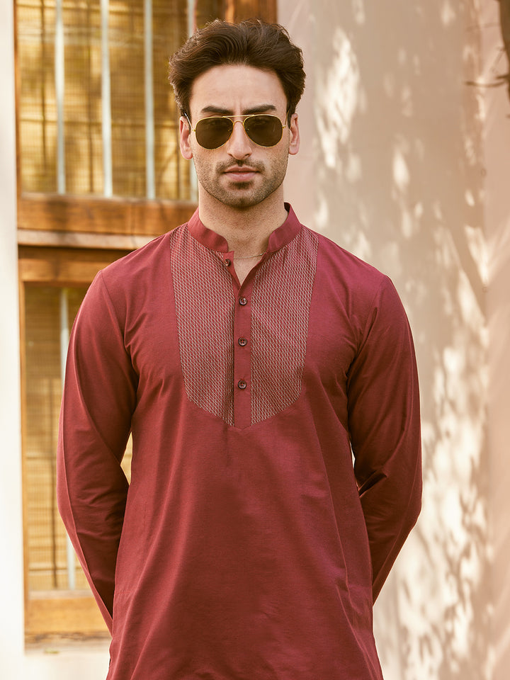 Pintuck Yoke Cotton Silk Straight Kurta with Pyjama