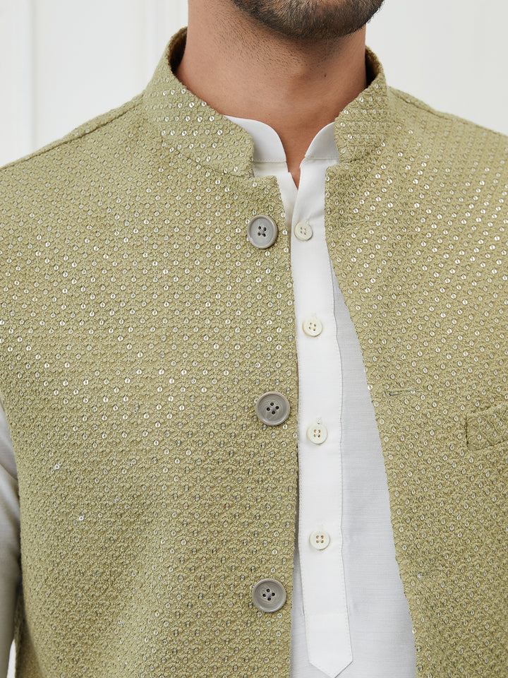 Pure Cotton Straight Kurta & Pyjama with Sequins Embroidered Nehru Jacket