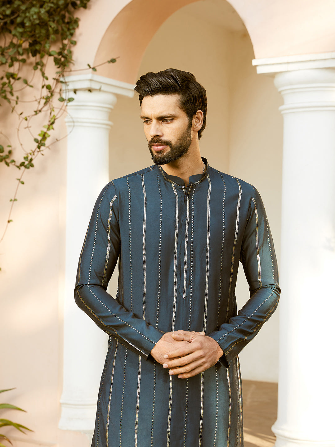 Sequins Embroidered Pure Chanderi Silk Straight Kurta with Pyjama