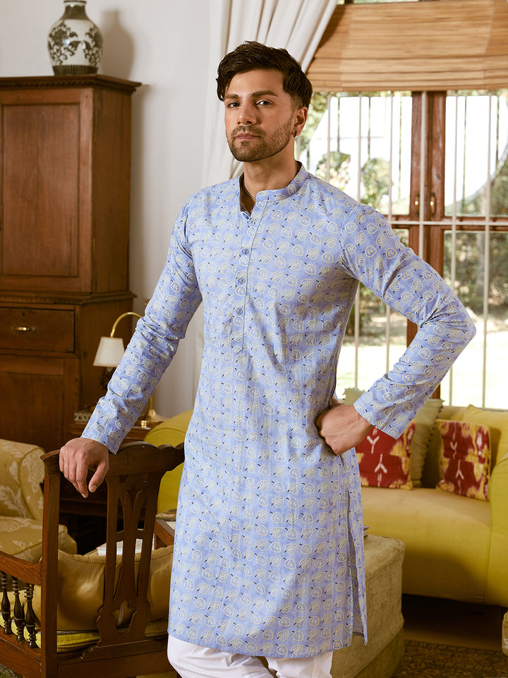 Leaf Printed Pure Cotton Straight Kurta with Pyjama