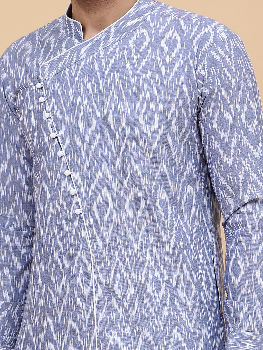 Grey Ikat Printed Kurta With Pyjama