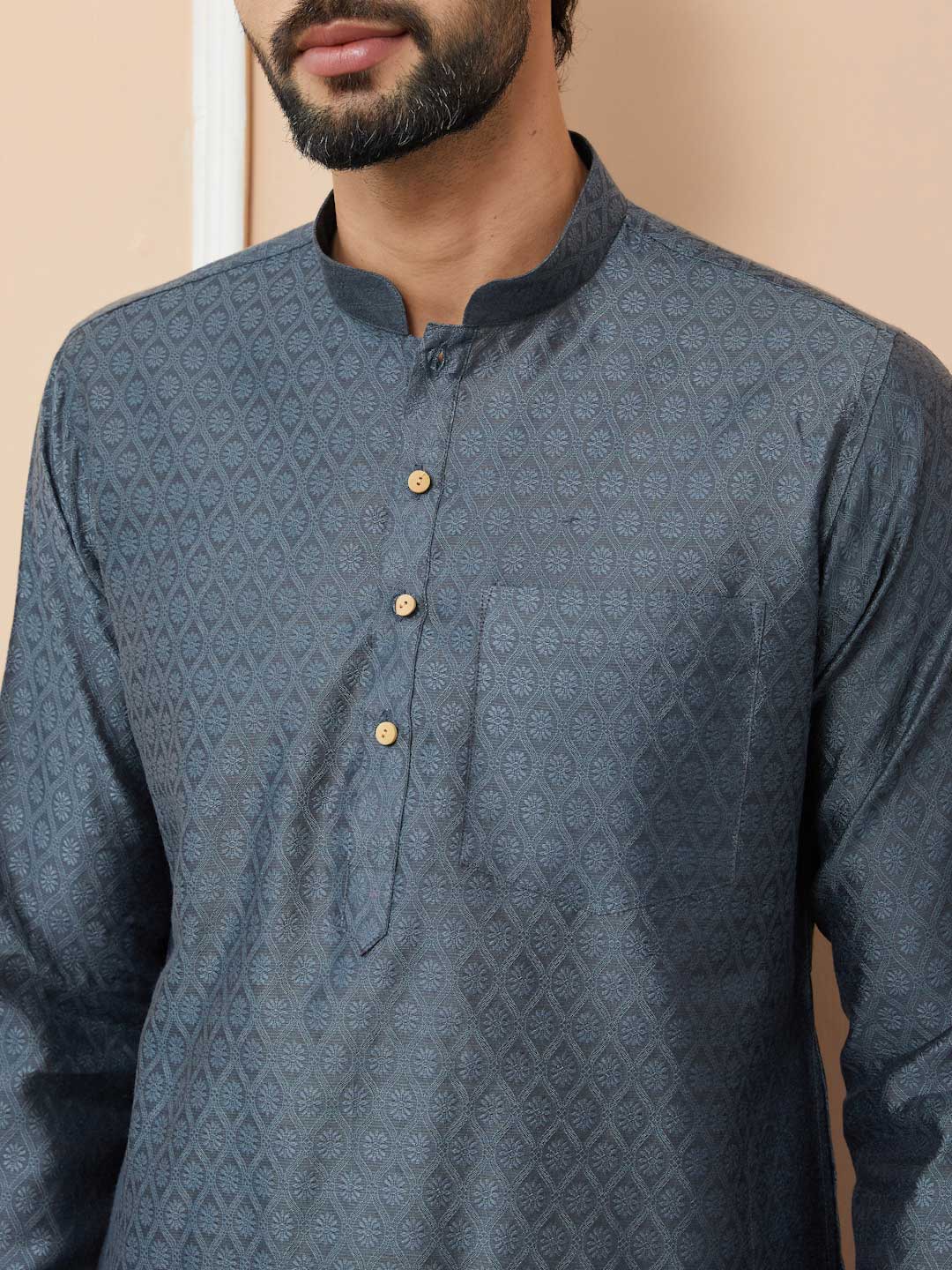 Charcoal Grey Ethnic Motifs Silk Jacquard Woven Design Straight Kurta with Pyjama