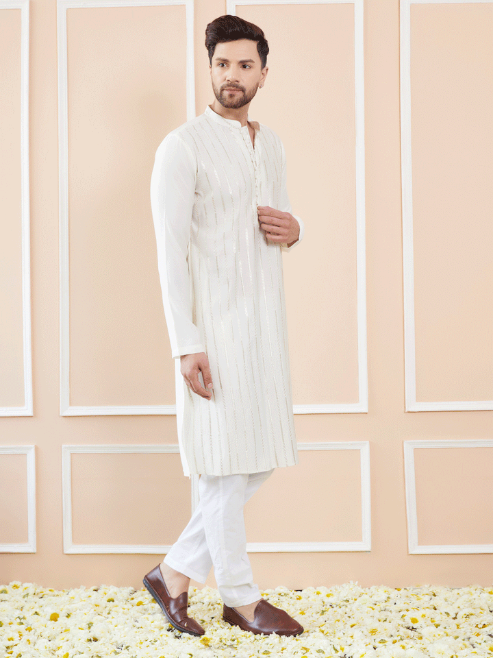 Men Off White and Gold Sequins Embroidered Chanderi Silk Straight  Kurta