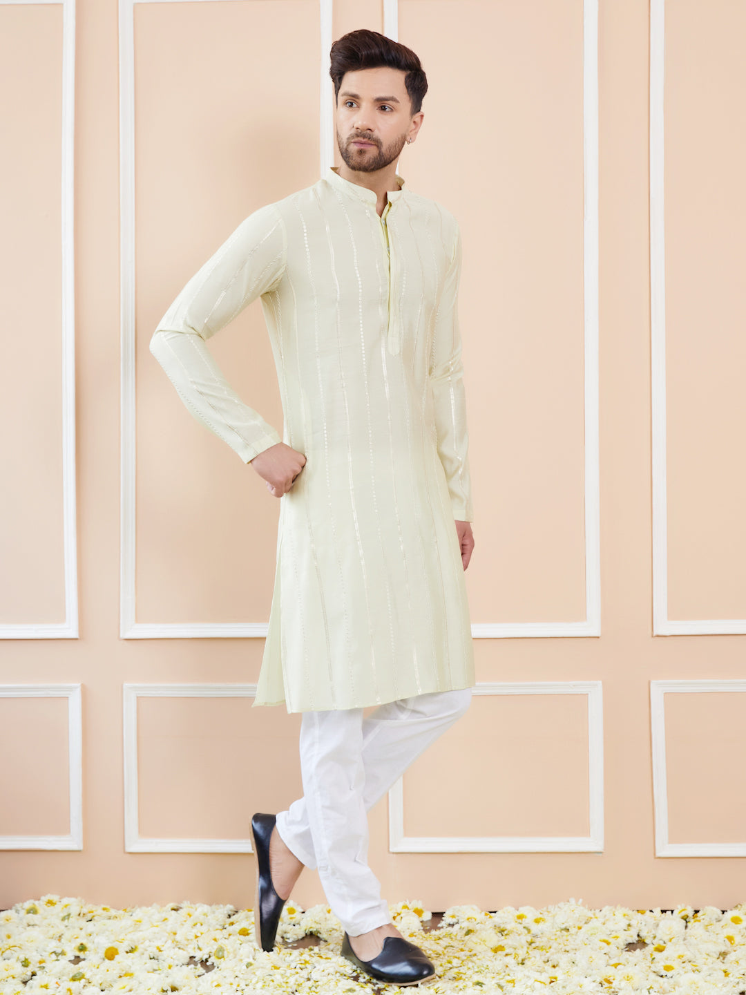 Men Cream and Gold Sequins Embroidered Chanderi Silk Straight Kurta