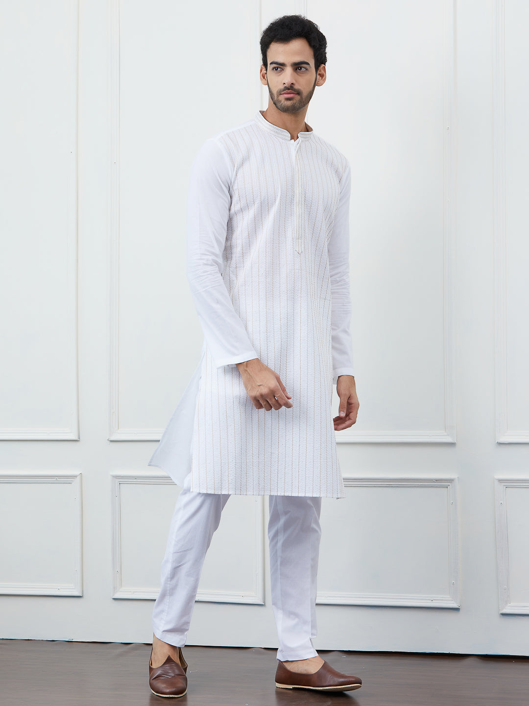 Sequin and Thread Work Pure Cotton Kurta with Pyjama