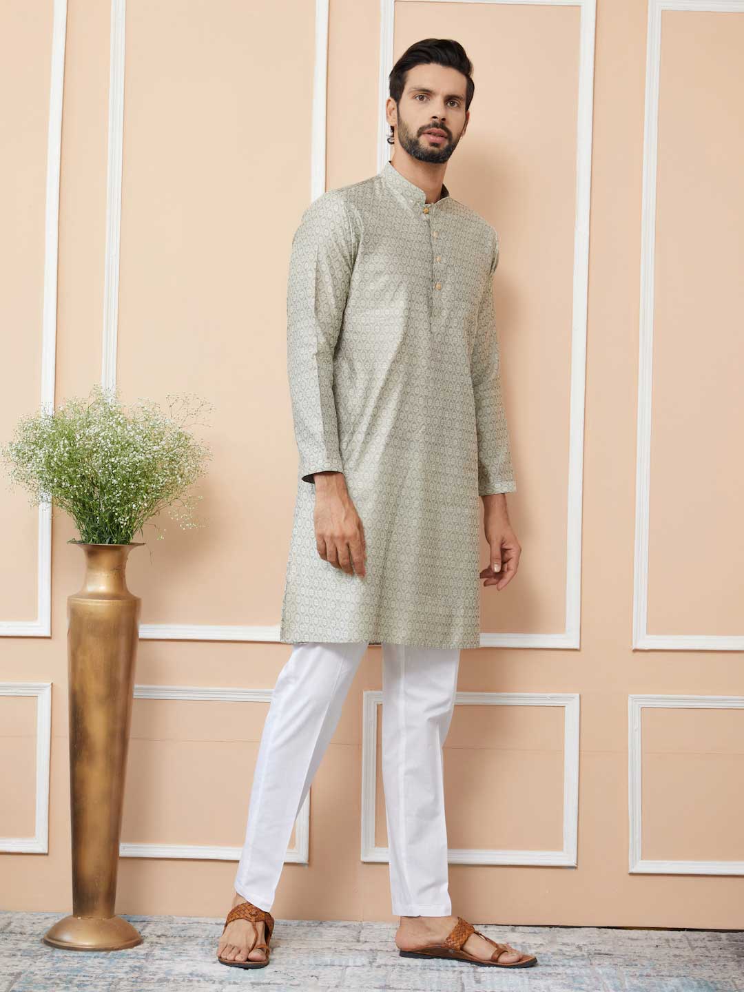 Cream-Grey Ethnic Motifs Silk Jacquard Woven Design Straight Kurta