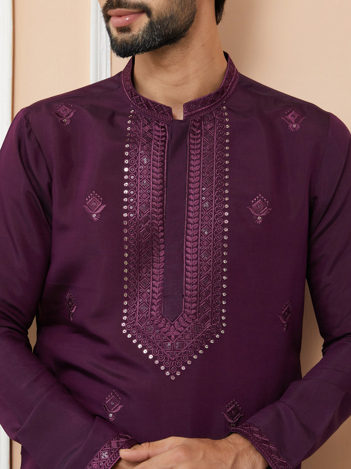 Dark Purple Embroidered Chanderi Silk Straight Kurta